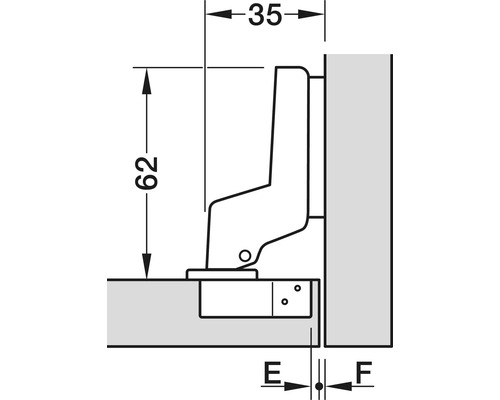 Desen tehnic al unei balamale de mobilă cu dimensiuni