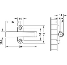 Desen tehnic al unui mâner de fereastră cu dimensiuni