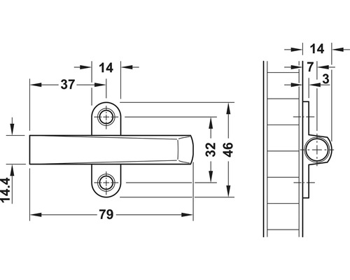 Desen tehnic al unui mâner de fereastră cu dimensiuni