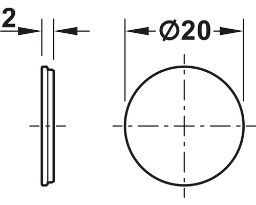 Desen tehnic al unui buton cu un diametru de 20 de milimetri și o grosime de 2 milimetri