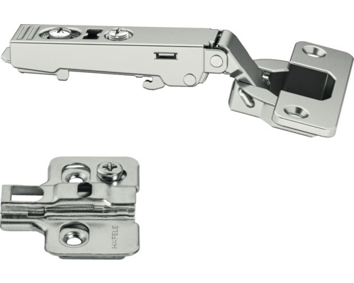 Balamale Häfele Metalla 110 SM 105 grade 48/6, ușă aplicată cu arc și autoînchidere + plăcuță montaj H = 0mm, 4 piese Balama Häfele cu placă de montaj