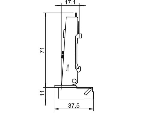 Desen tehnic al unei balamale de mobilă cu dimensiuni