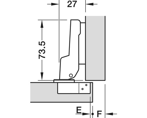 Desen tehnic al unei balamale de mobilă cu dimensiuni