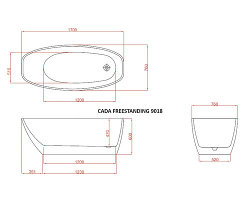 Desen tehnic al unei căzi de baie independentă Cada 9018 cu dimensiuni