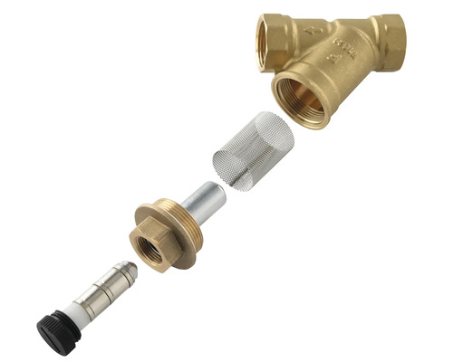 Vizualizare detaliată a unui filtru Y cu inserție de sită și dop de golire