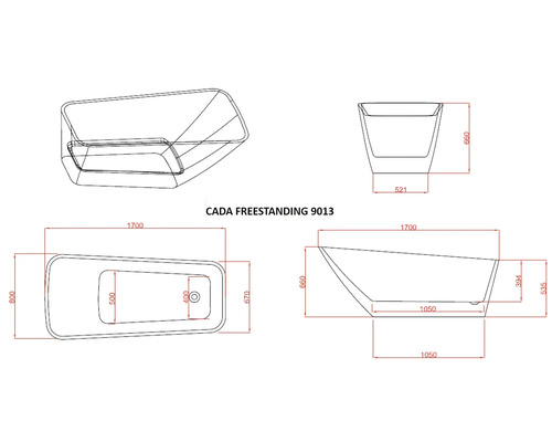 Desen tehnic cada de baie independentă CADA 9013 cu dimensiuni
