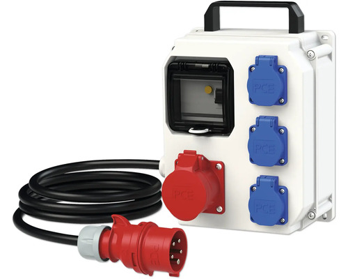 Distribuitor electric trifazic PCE 4 prize (3 CP + 1 trifazată) cablu 1,5m H07RN-F 5x1,5 mm² IP54 Distribuitor electric trifazic PCE 4 prize (3 CP + 1 trifazată) cablu 1,5m H07RN-F 5x1,5 mm² IP54