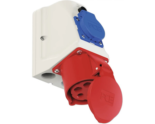 Priza PCE cu fișă roșie și albastră