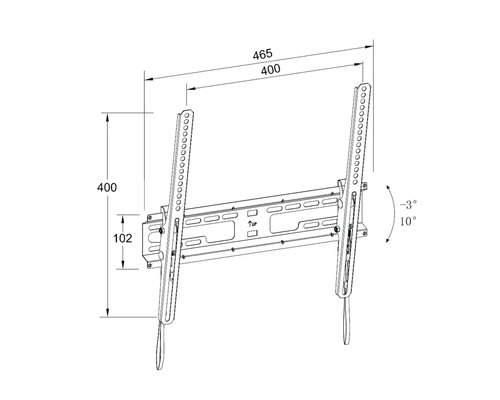 Desen tehnic al unui suport de perete pentru televizor cu dimensiunile 465 x 400 x 102 mm și un unghi de înclinare de la minus 3 la plus 10 grade.