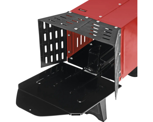 Imagine detaliată a unui fierăstrău basculant pentru lemne de foc cu dispozitiv de siguranță negru