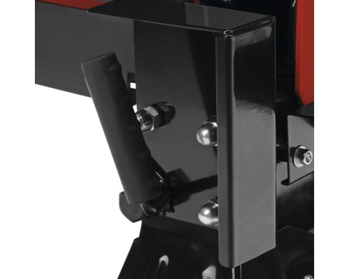 Imagine detaliată a unui despicător de lemne cu cadru metalic, șuruburi și mâner