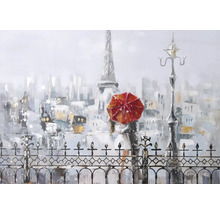 Imagine pictată a unui peisaj urban cu Turnul Eiffel, o persoană cu o umbrelă și un stâlp de iluminat stradal
