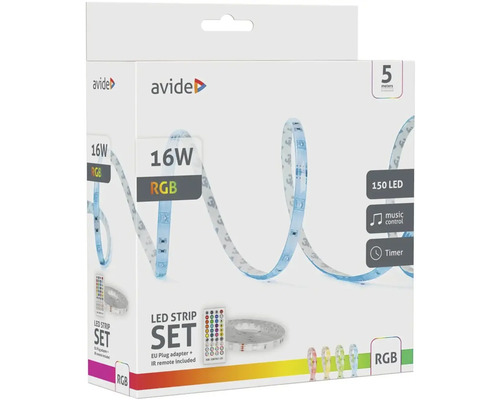 Set bandă LED Avide 16 wați cu 150 LED-uri, lungime de cinci metri, control muzical și cronometru în ambalaj