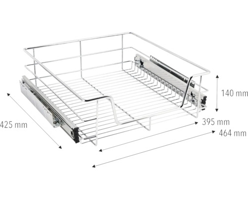 Coș extractibil cu dimensiunile 425 mm lungime, 395 mm lățime și 140 mm înălțime