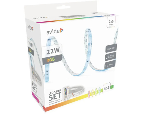 Ambalaj bandă LED Avide cu putere de 22 wați, schimbare de culoare RGB, lungime de 2x5 metri și control al muzicii