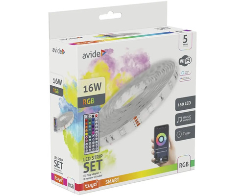 Set bandă LED Avide cu 150 de LED-uri, putere de 16 wați, RGB și lungime de cinci metri în ambalaj