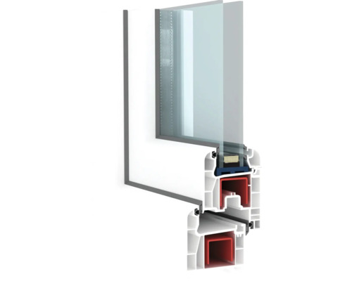 Secțiune transversală a unei ferestre din plastic cu geam termopan pentru a ilustra structura