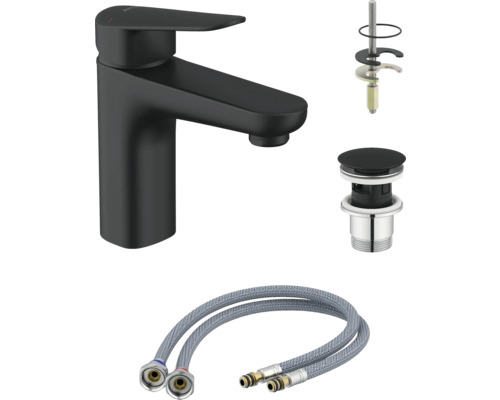 Baterie de lavoar în negru cu accesorii de montaj și furtunuri flexibile de conectare