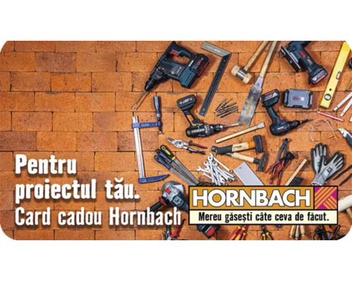 Diverse unelte și logo-ul Hornbach pe un perete zidit.