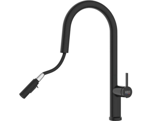 Baterie de bucătărie neagră cu pulverizator extensibil și logo KEO