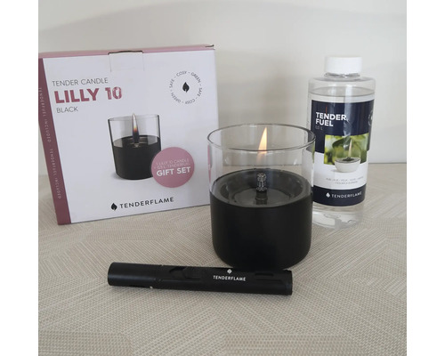 Pachet lumânare ambientală TenderFlame Lilly 10 Black Glass, combustibil TenderFuel 500 ml și brichetă