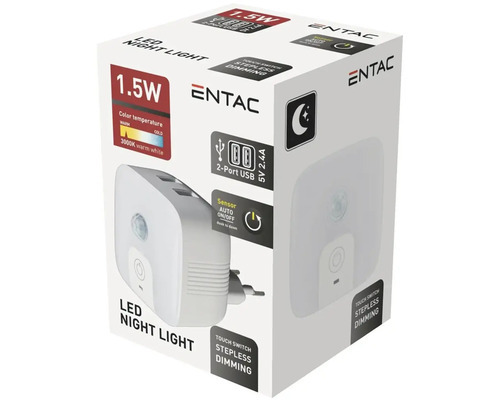 Lumină de noapte LED Entac cu porturi USB în ambalajul produsului