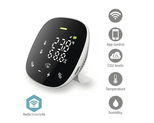 Senzor de climatizare interioară Nedis SmartLife pentru măsurarea temperaturii, umidității și a conținutului de CO2