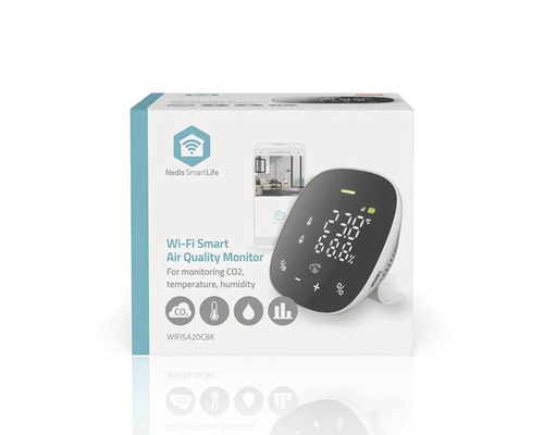 Logo Nedis SmartLife, monitor inteligent de calitate a aerului Wi-Fi pentru monitorizarea dioxidului de carbon, a temperaturii și a umidității.