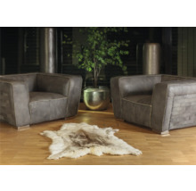 Două fotolii cu o covorașă din blană și o plantă într-un vas argintiu