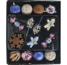 Ambalaj cu diverse decorațiuni de pom de Crăciun, inclusiv bile, oameni de turtă dulce și forme de bomboane