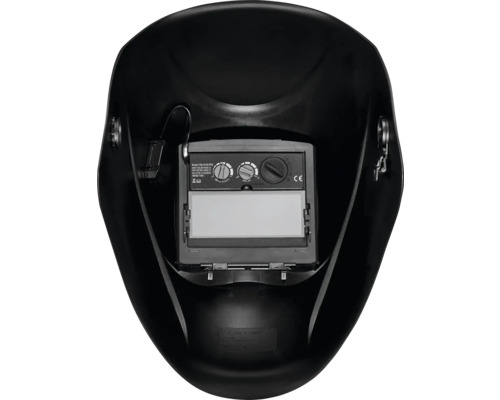 Interiorul unei măști de sudură negre cu fereastră de vizualizare și butoane de reglare