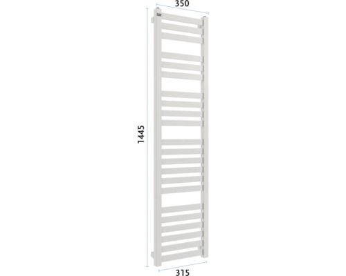 Radiator cu suport pentru prosop și dimensiunile 350 x 1445 x 315 milimetri.