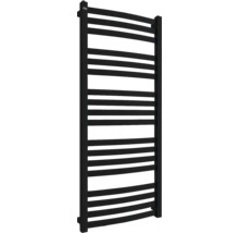 Radiator negru pentru prosoape cu țevi de încălzire orizontale.
