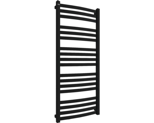 Radiator negru pentru prosoape cu țevi de încălzire orizontale.
