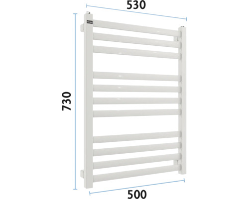 Radiator pentru prosoape cu dimensiunile de 530 x 730 x 500 milimetri.