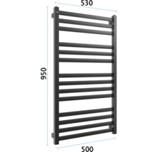 Radiator negru cu dimensiunile de 950 x 530 x 500 milimetri.
