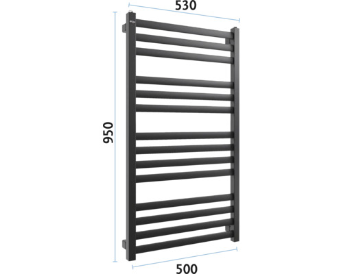 Radiator negru cu dimensiunile de 950 x 530 x 500 milimetri.