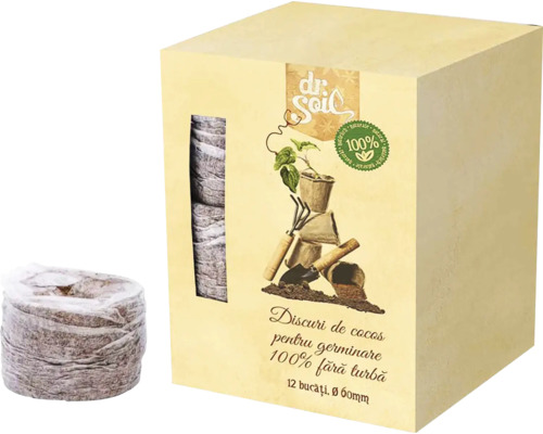 Set 12 discuri cocos pentru germinare Dr. Soil Ø 6 cm Pastile de cocos pentru însămânțare, 12 bucăți, diametru 60 milimetri