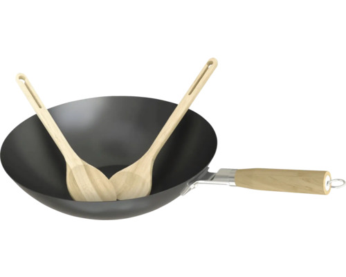 Wok cu două linguri de lemn