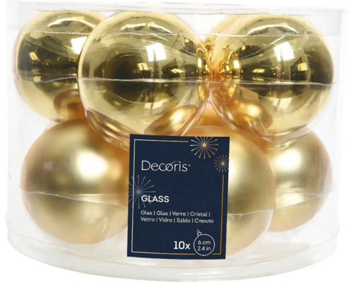 Set de zece globuri aurii de Crăciun din sticlă, fiecare de șase centimetri