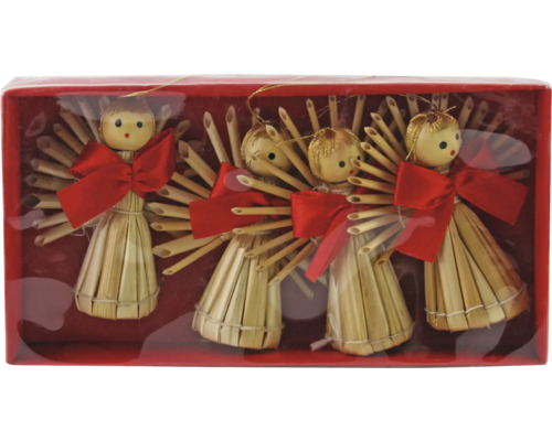 Set 4 Îngeri cu agățătoare din paie 6,5 cm Patru stele de paie îngeri cu fundă în set