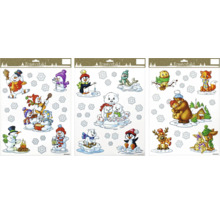 Trei imagini de geam cu motive de iarnă și fulgi de zăpadă