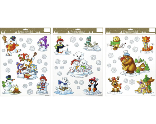 Stickere Crăciun diferite modele Trei imagini de geam cu motive de iarnă și fulgi de zăpadă