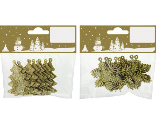 Set 8 decorațiuni cu agățătoare plastic 5,5 cm auriu diferite modele Set decorațiuni brad de Crăciun și fulgi de nea