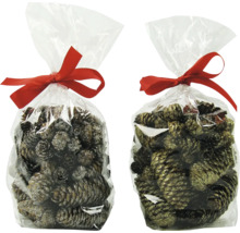 Două pungi cu conuri de pin și fundă ca decorațiuni