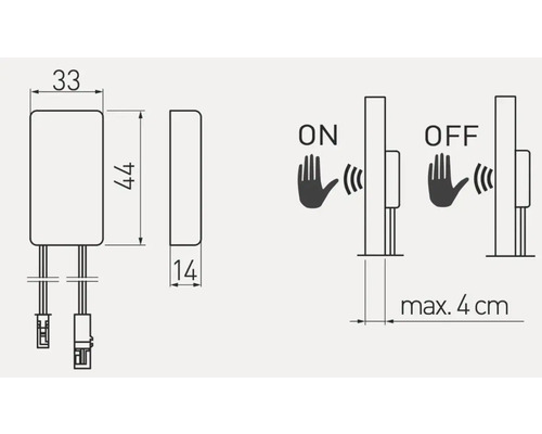 Desen tehnic al unui senzor cu control prin gesturi și dimensiunile 33 x 44 x 14 milimetri.