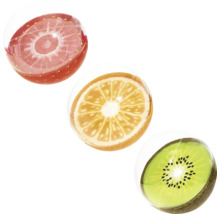 Ilustrație cu felii de căpșună, portocală și kiwi