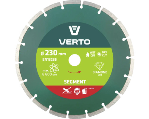 Disc diamantat VERTO, diametru 230 milimetri, potrivit pentru tăiere umedă și uscată