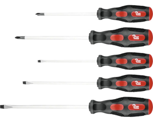 Set de cinci șurubelnițe cu capete diferite și un logo Top Tools.