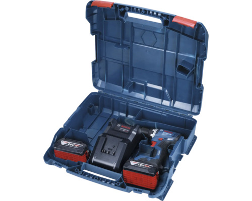 Cutie de scule albastră deschisă cu șurubelniță electrică cu acumulator, acumulator și încărcător